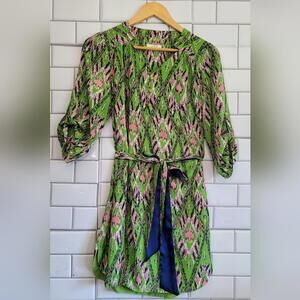 JADE MELODY TAM Green Pink Print Sheath Straight Belted Dress ¾ Sleeve Pullover